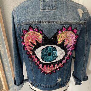 New - Forever 21 Third Eye/Evil Eye Distressed Embellished Boyfriend Jean Jacket